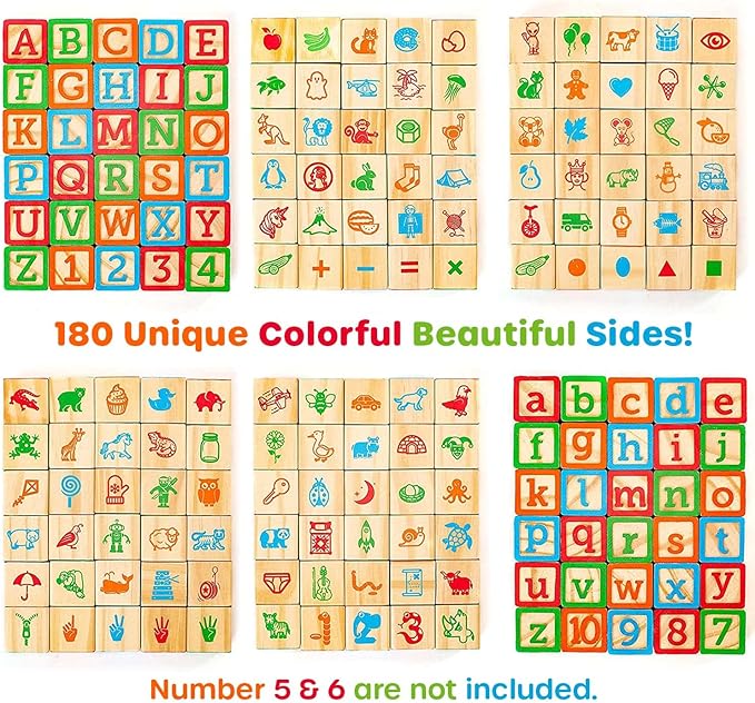 Building Blocks for Toddlers 1-3 Years Old, 30 Large Stackable Wooden Baby Blocks with Alphabet and Number Icons on Every Side, Toy Wagon Included﻿