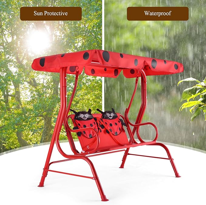 GLACER Porch Swing, Kids Patio Hammock w/Adjustable Canopy & Stand, Safety Belt, 2 Seats Outdoor Swing Bench, Metal Frame Hanging Lounge Chair, Swing Sets for Backyard, Garden, Poolside (Red Ladybug)