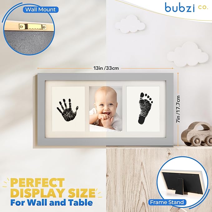 Bubzi Co Baby Handprint Kit & Footprint Photo Frame for Newborn Girls and Boys, Unique Baby Shower Gifts Set for Registry, Memorable Keepsake Decorations for Room Wall or Nursery Decor (Cool Gray)