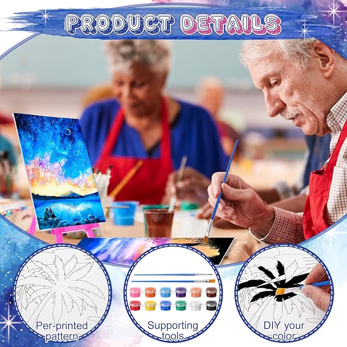 Blosssound 10 Set Pre Printed Canvas Pre Drawn Canvas Painting with Easel Kits 5" x 7" Outline Painting Panels for Beginners, DIY Craft Project, Party Favor, Home Decors(Dream Sky)