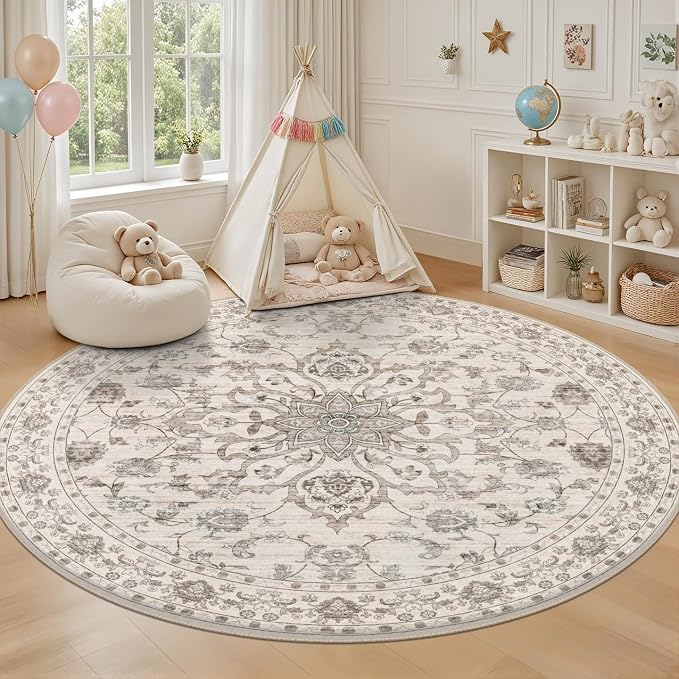 Round Area Rug for Living Room: 4 ft Washable Vintage Boho Soft Thin Circle Rug - Image 5