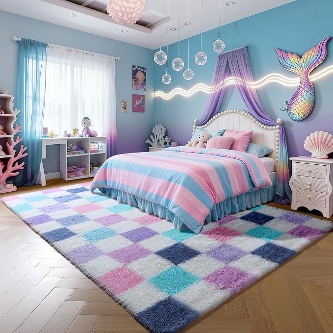 KICMOR Purple Rainbow Checkered 6x9 Area Rugs - Image 3