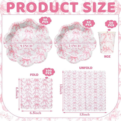 250 Pcs Pink Bow Disposable Paper Plate Napkins | Disposable Tableware Set - Image 2