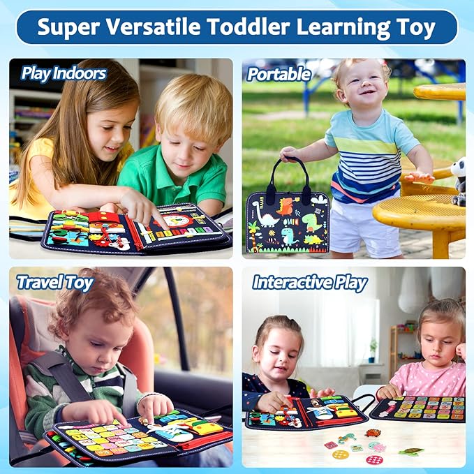 Qizfun Busy Board Montessori Toy for 1 2 3 4 Years Old, Educational Activity Sensory Board Preschool Learning Fine Motor Skills Toys, Toddler Travel Toy for Plane Car, Gift for Boys Girls (Blue/P4)