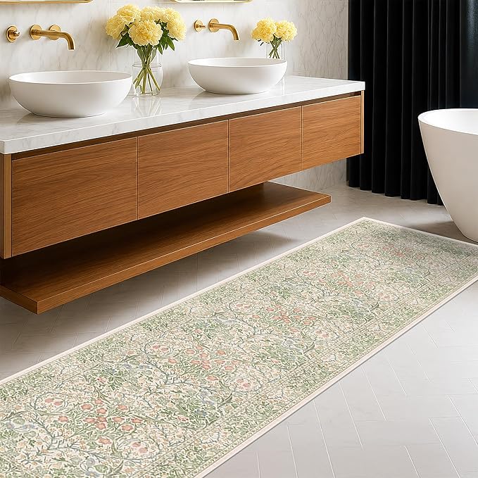 Beige Green 2x8 Rug Runners for Bathroom, Washable Long Floor Runner for Kitchen by HazoHaus