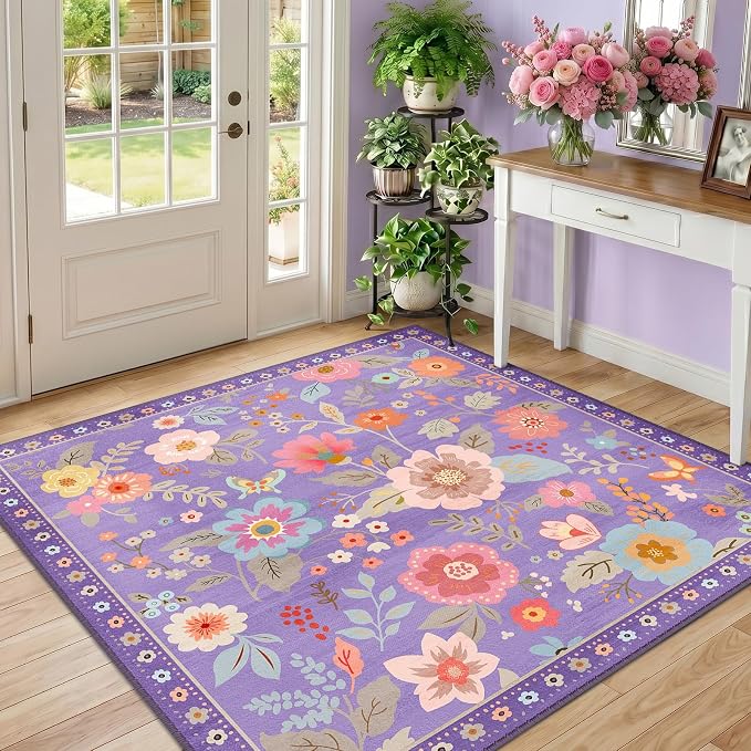 RELEANY Floral Square 5ft Area Rugs Washable Print Boho Cute Carpet Non Slip by RELEANY