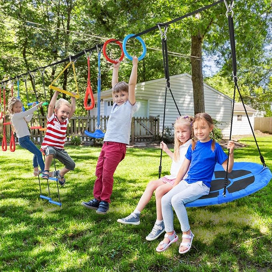 Hapfan 65 ft Ninja Warrior Obstacle Course for Kids with Swing, Ninja Rope Course with 11 Obstacles for Backyard Outside, Tree Slackline Jungle Gym Outdoor