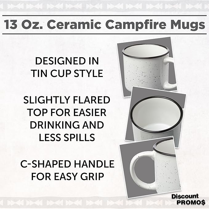 DISCOUNT PROMOS Ceramic Campfire Coffee Mugs 13 oz. Set of 10, Bulk Pack - Perfect for Tea, Espresso, Cappuccino, Hot Cocoa - White