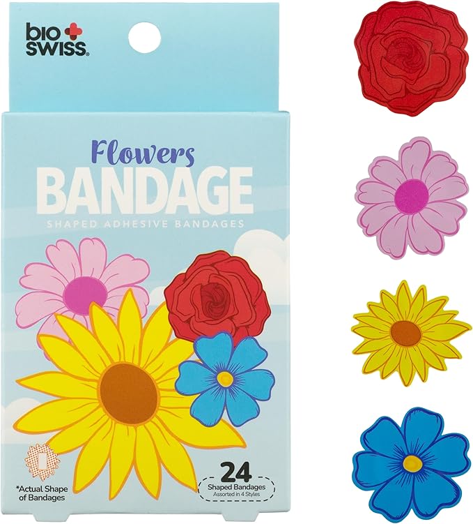BioSwiss Bandages, Flowers Shaped Self Adhesive Bandage, Latex Free Sterile Wound Care, Fun First Aid Kit Supplies for Kids and Adults, 24 Count