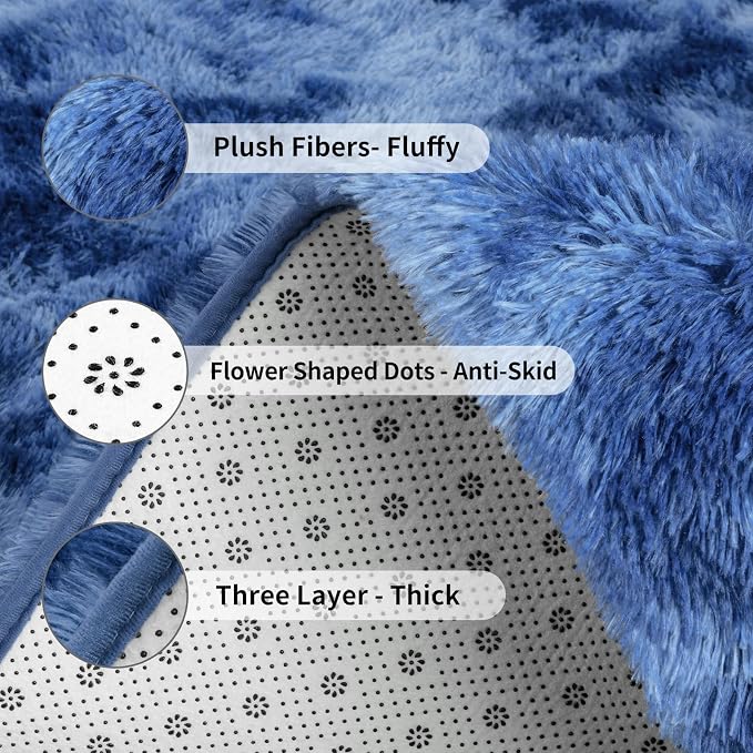 FlyDOIT Large Area Rugs for Living Room, 4x6 Feet Tie-Dyed Navy Blue Shaggy Rug - Image 6