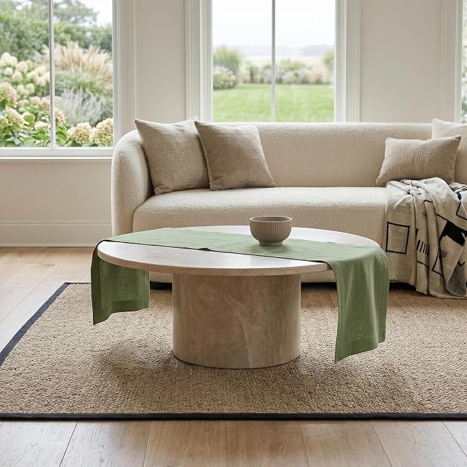 Solino Home 100% Pure Linen Table Runner Oil Green Woven, Fete 14 x 48 in | - Image 2