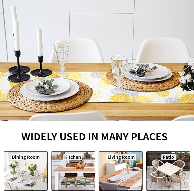 Dahlia Flower Table Runner 13x71 Inch Farmhouse Yellow Gray Runners Modern - Image 7