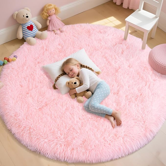 WISH TREE Round Pink Rug for Bedroom Girls, Soft Fluffy 7ft Circle Area Rugs - Image 3