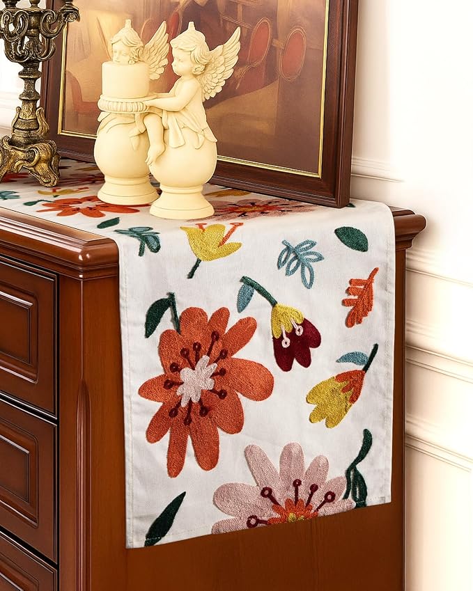 Canvas Embroidered Narrow 13"x 90" Table Runner, Colorful Flower | Exquisite - Image 5