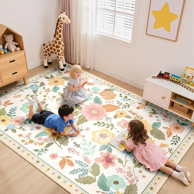 Floral 5x7 Area Rug Machine Washable Soft Print Boho Carpet Non Slip Doormat Low Pile Flower Area Rugs for Living Room Bedroom Nursery Kitchen Dining Room Indoor-Beige/White/Orange