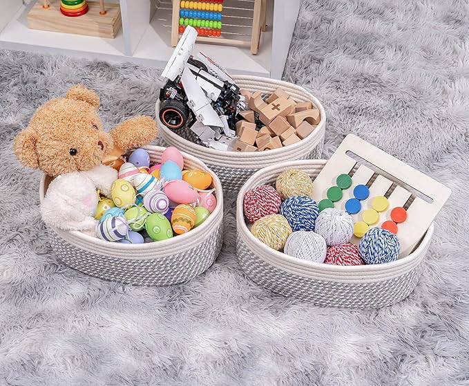Shelf Storage Baskets for Organizing|Decorative Basket for Closet Storage|Toy Baskets&Bins|Small Woven Rope Baskets-13x8.66x5.11’’,Durable&Stylish,Oval 3 Packs Off White&Mixed Gray
