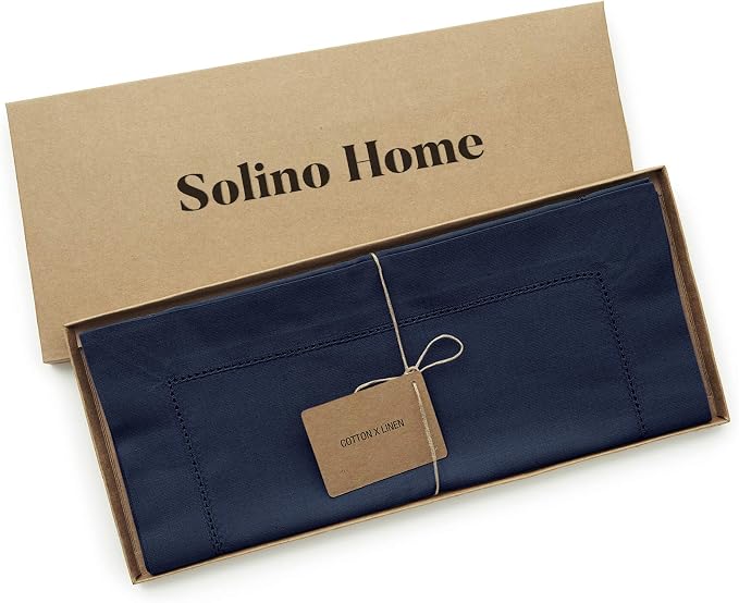 Solino Home Cotton Linen Dining Table Runner Navy Hemstitch, 14 x 144 in | - Image 4