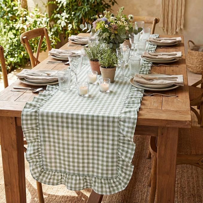 HunnmingRe 1 Pc Gingham Table Runner Green, 118 X 13.8 Inch | Cotton Dresser - Image 7