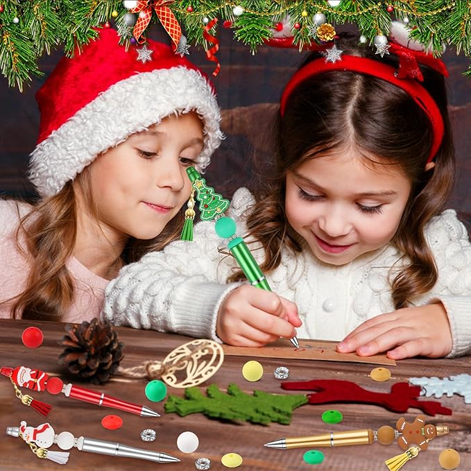 CZWZ 8 Pcs Christmas Beadable Pens, Plastic Beadable Pens with Multicolor Silicone Beads, Christmas Snowman Pine Tree Floral Hoop Deer Pens for Christmas Gifts Office School Supplies