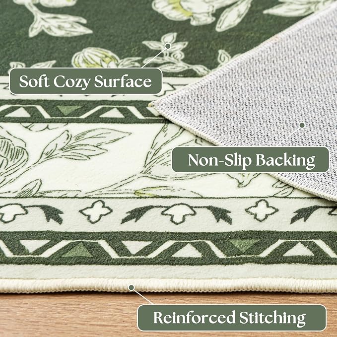 Olive Green Floral 5x7 Area Rug Vintage Boho Washable Printed Rug - Image 4