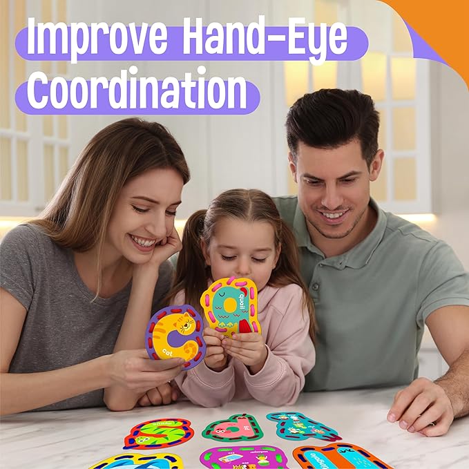 26PCS Alphabet Lacing Cards, Lowercase Letters Sewing Kit with 26 Double-Sided Cards and 26 Colorful Laces Alphabet Learning Toy Motor Skills Art Crafts for Toddlers, Kids, Students