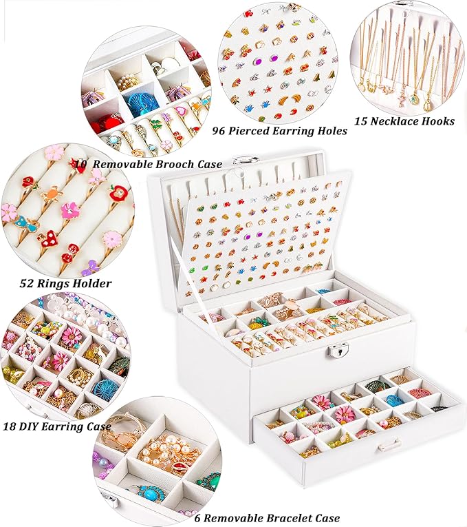 Earrings Jewelry Box for Girls, 5 Layers Jewelry Organizer with Earring Holder Organizer for Girls Earring Organizer Jewelry Boxes for Women Earrings and Necklaces Jewelry Box Organizer White