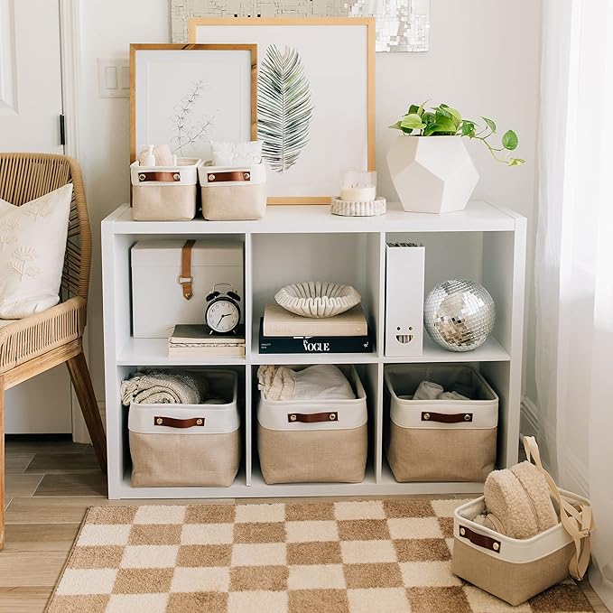 OrganiHaus Large Fabric Storage Baskets for Shelves 3 Pack, 15x11in Closet Storage Bins for Shelves, Cloth Baskets for Organizing, Linen Closet Organizers, Fabric Basket, Beige/White