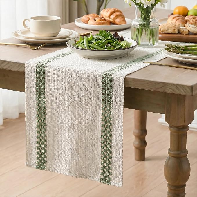 Artoid Mode Sage Green Stripe Woven Rustic Table Runner 12x60 Inch | Holiday - Image 3