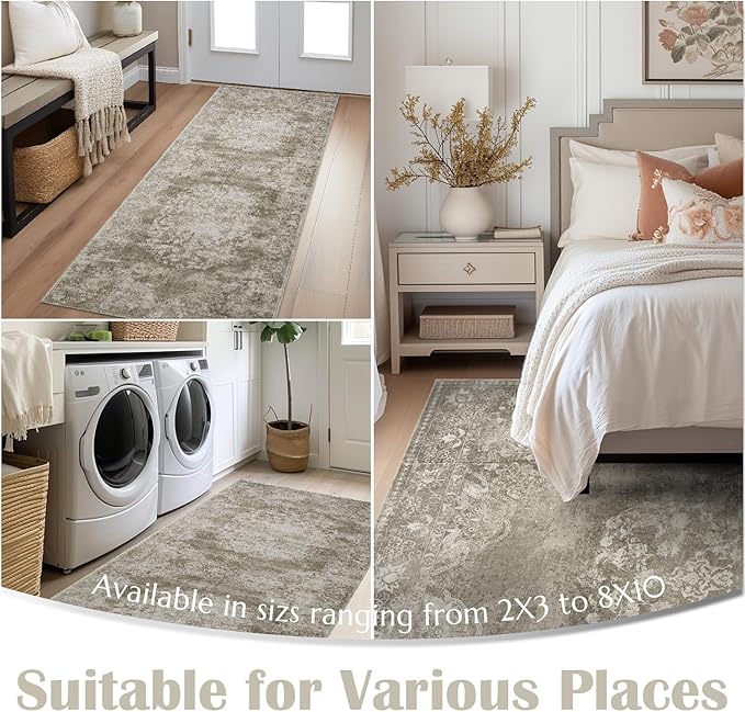 jinchan Vintage Floral Runner Rug 2x6 - Machine Washable Distressed Design Non-Slip Low-Pile Soft Thin Carpet for Hallway Kitchen Farmhouse Bedroom Entryway Laundry Room (2x6ft,Brown)