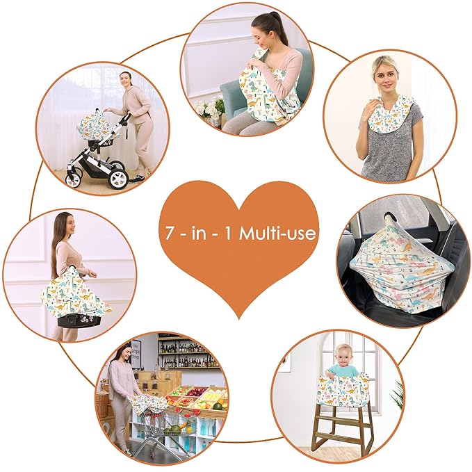 Multi-use Carseat Covers Breastfeeding Cover - Car Seat Covers for Babies, Stretchy Carseat Canopy Cover, Boys and Girls Shower Gifts (Colours Dinosaur)