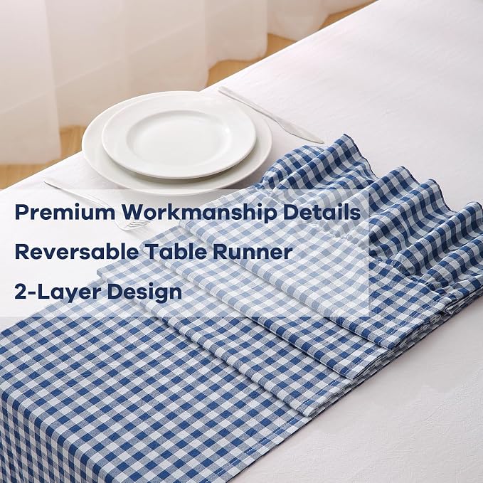 Navy Blue White Plaid Gingham Ruffle Table Runner 90 inches Long 100% Washed - Image 5