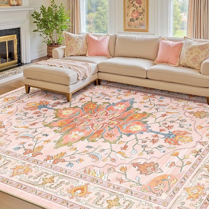 RELEANY Area Rugs 8'x10' Washable Non-Slip, Floral Vintage Distress Medallion - Image 2