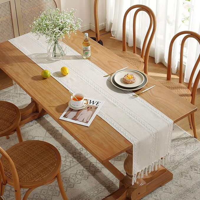 Wracra Rustic Linen Table Runner, Ivory Table Runners 72 inches Long | Raised - Image 7