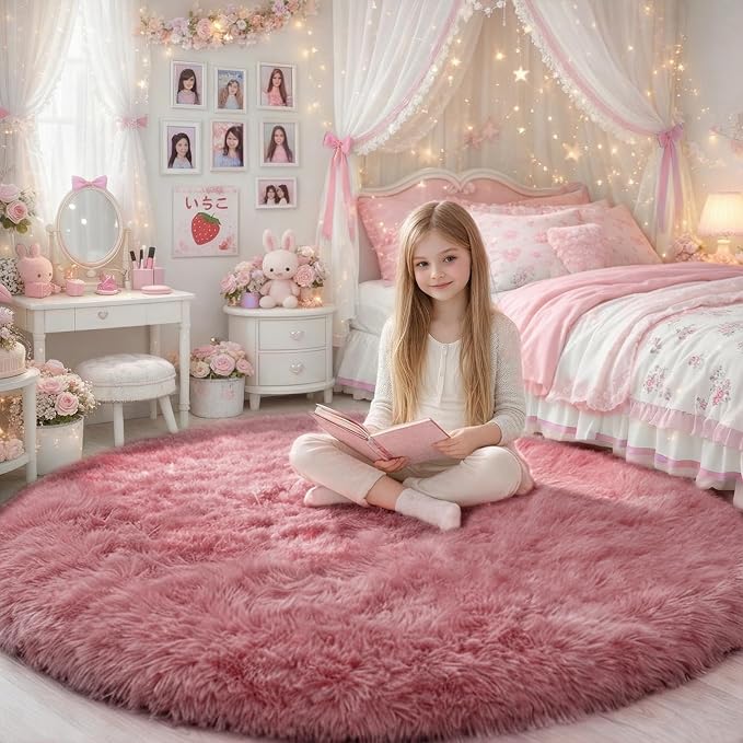 Blush Pink Big Round Rug 8Ft for Kids Bedroom, Large Fluffy Fuzzy Furry Circle by Amdrebio