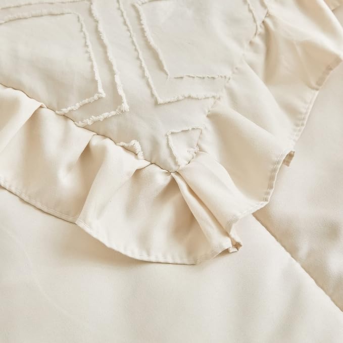 Tufted Ruffle Crib Bedding Set 3 Pieces Baby Boho Quilted Comforter with Fitted Sheet and Bed Skirt - Cute Ruffled Shabby Chic Baby Bedding Soft Blanket Design Cream White