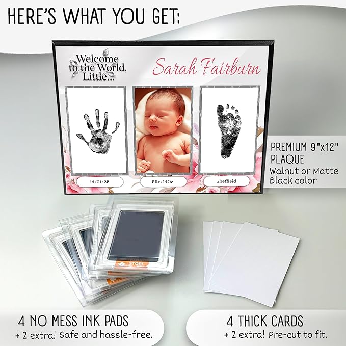 Baby Hand and Footprint Kit with Photo & Birth Details, Inkless Hand and Footprint Kit, Newborn Keepsake Plaque, Baby Shower Gifts (STYLE 1 (Fully Personalized) (Welcome To The World - Baby Girl))