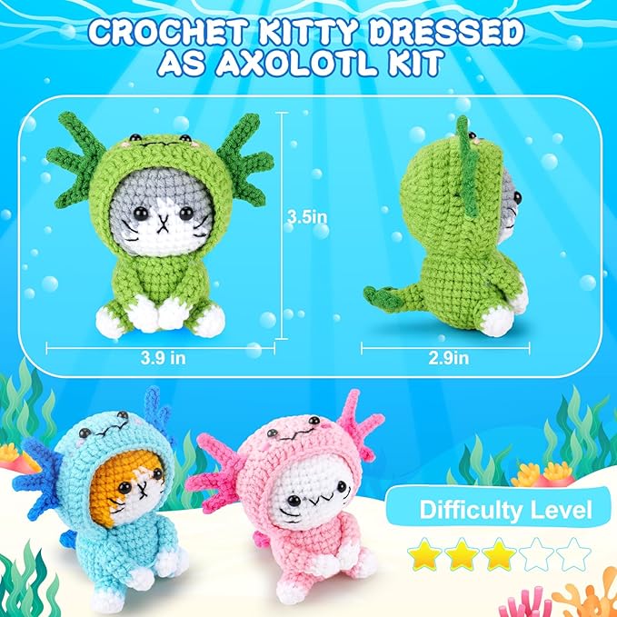 Crochet Kit for Beginners - 3 PCS Axolotl Cat Crochet Kits with Step-by-Step Video Tutorials, Beginner Crochet Kit for Adults, Crochet Cat Dressed as Axolotl Set (Blue & Green & Pink)