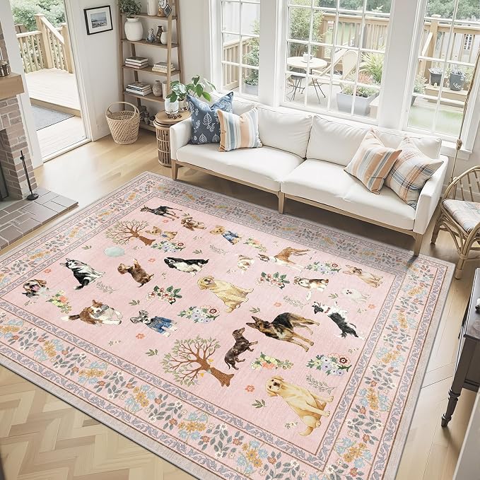 Pink Dogs Area Rugs 9x12 Living Room Washable Rug, Non Slip Floral Low Pile - Image 2