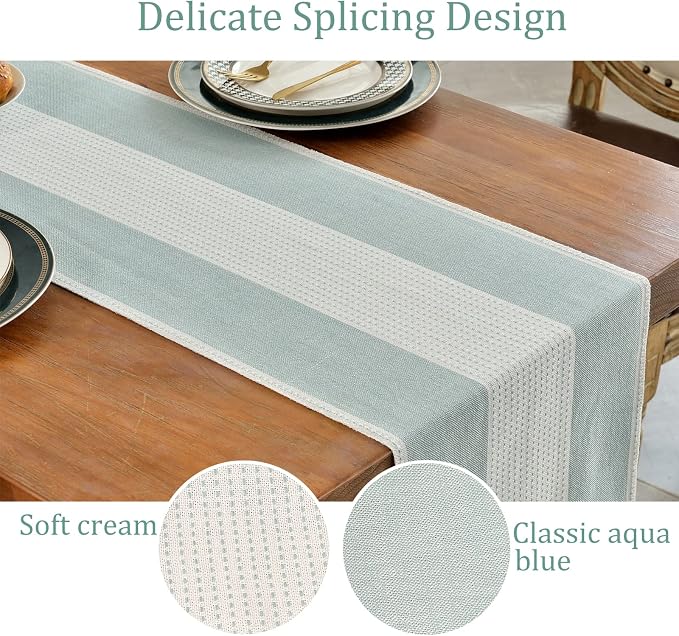 Wracra Linen Table Runner, Stripe Table Runners 90 Inches Long Aque Blue | - Image 3