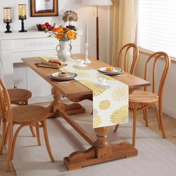 Yellow Gray Table Runner Dahlia Pinnata Flower Beige Table Runners Modern - Image 7