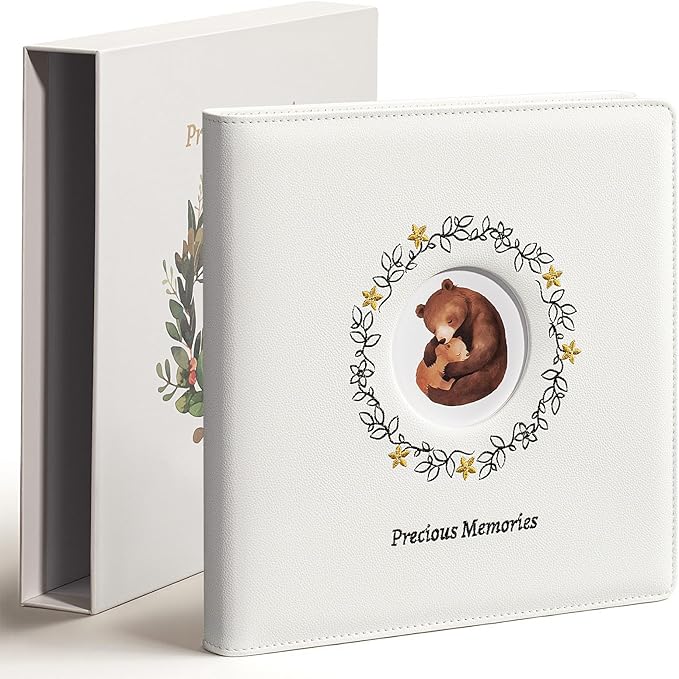 Leather Embroidery Baby Book Keepsake - Gender Neutral Baby Memory Book, Baby Photo Album for First 5 Years, Baby Books for Baby Shower, Pregnant Mom Gifts, Forest-Inspired Design, 10" x 10"