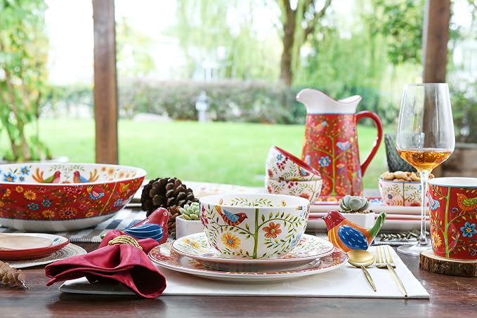 Bico Red Spring Bird Cereal Bowls Set of 4, 26 oz Deep Ceramic Soup Bowls - Image 4