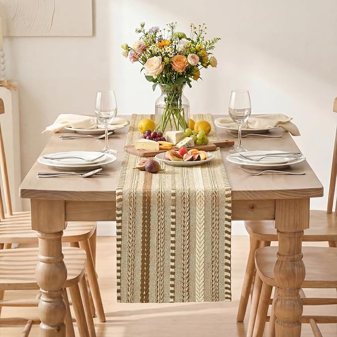 Artoid Mode Coffee Farmhouse Stripe Braided Table Runner 12x72 Inch | Holiday - Image 2