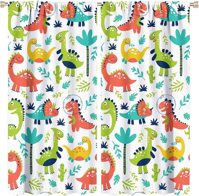 Rustic Dinosaurs Curtains Colorful Dino Kids Boys Cartoon Cute Cool Funny Decor Printed Blackout Rod Pocket Window Drapes for Living Room Bedroom W31.5xL63in 2 Panels