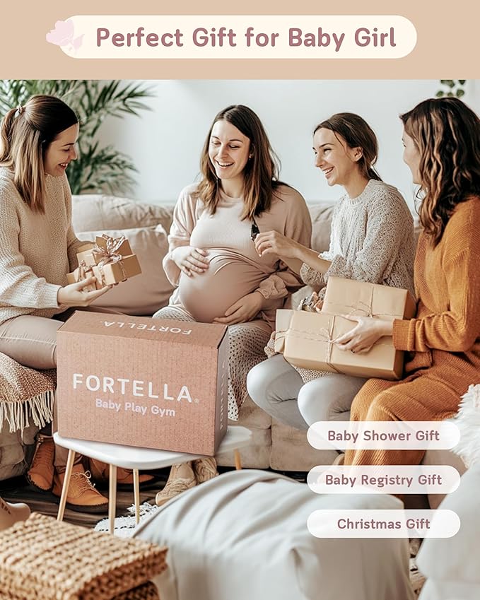 Fortella Baby Play Gym & Activity Mat, Tummy Time Mat w 5 Detachable Toys and Pillow, Large Sensory Playmat for Floor, Newborn Infant Baby Essentials Shower Gift 0-3-6-9-12 Months (Rose Pink)