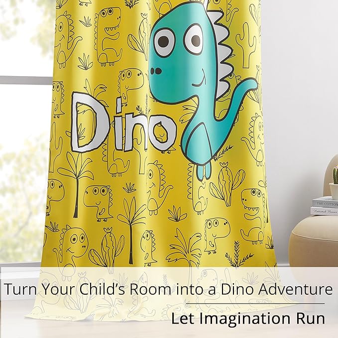 Dinosaur Blackout Curtains for Kids Room - 2 Panels, Each W52×L63, 100% Blackout, Thermal Insulated, Noise Reducing, Perfect for Kids Room and Nersury