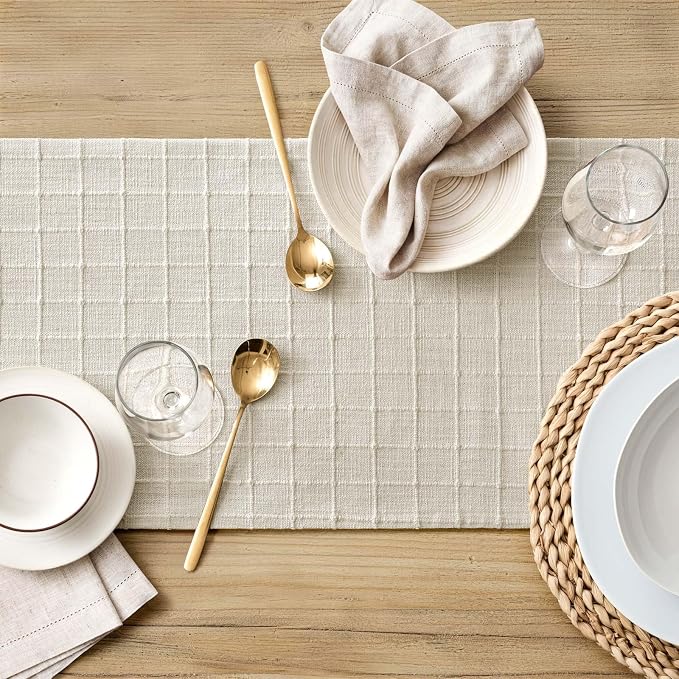 Artisanal Grid Linen Table Runner, 13x48 Inches Ivory | Heavy Textured - Image 5