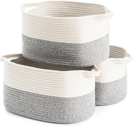 Cotton Rope Woven Storage Basket, Used for Baby Hamper Toy Organizer, Gift Baskets Empty,Kids Laundry Basket,Baby Blanket Basket. Size 15x10x8.7 Inches. (White&Grey-3PCS)