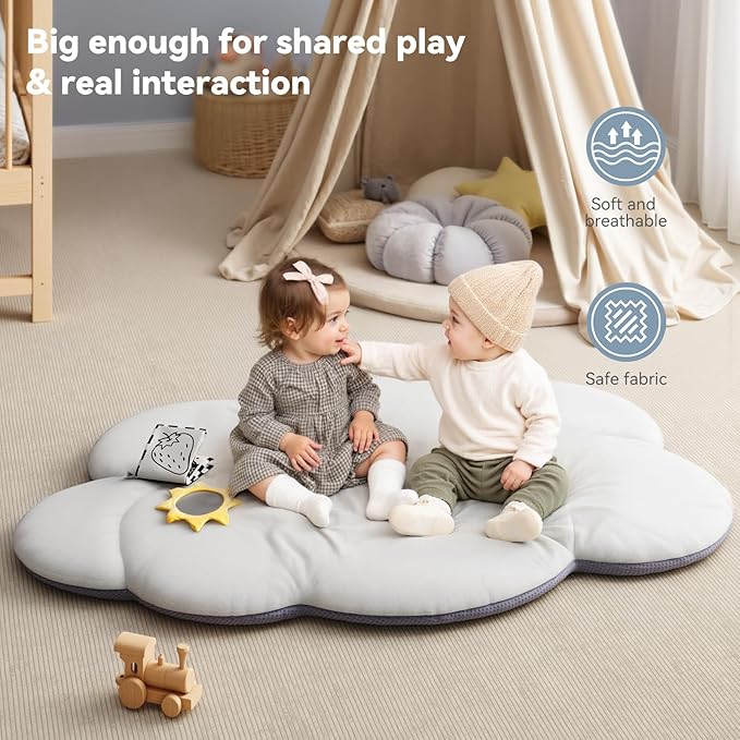 Oversized Baby Play Gym with Extra Thick Baby Play Mat – Cloud-Shaped Design, 5 Detachable Toys & Moon Pillow, Soft & Cushioned for Newborns, Promotes Sensory & Motor Development, Baby Essentials Gift