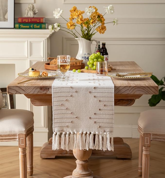 Boho Table Runner 13 x 72 Inch Long Natural Cotton Woven Runner - Image 6